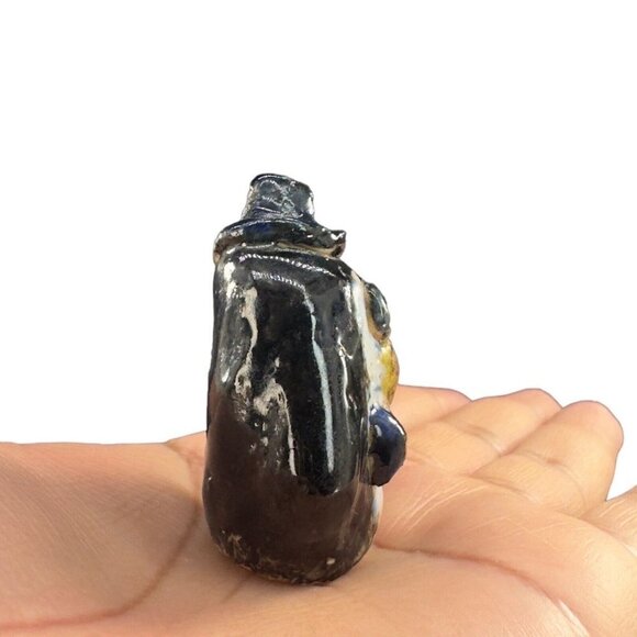 Studio Art Pottery Miniature Penguin Figurine Bird Wearing A Black Hat Signed - Picture 2 of 10